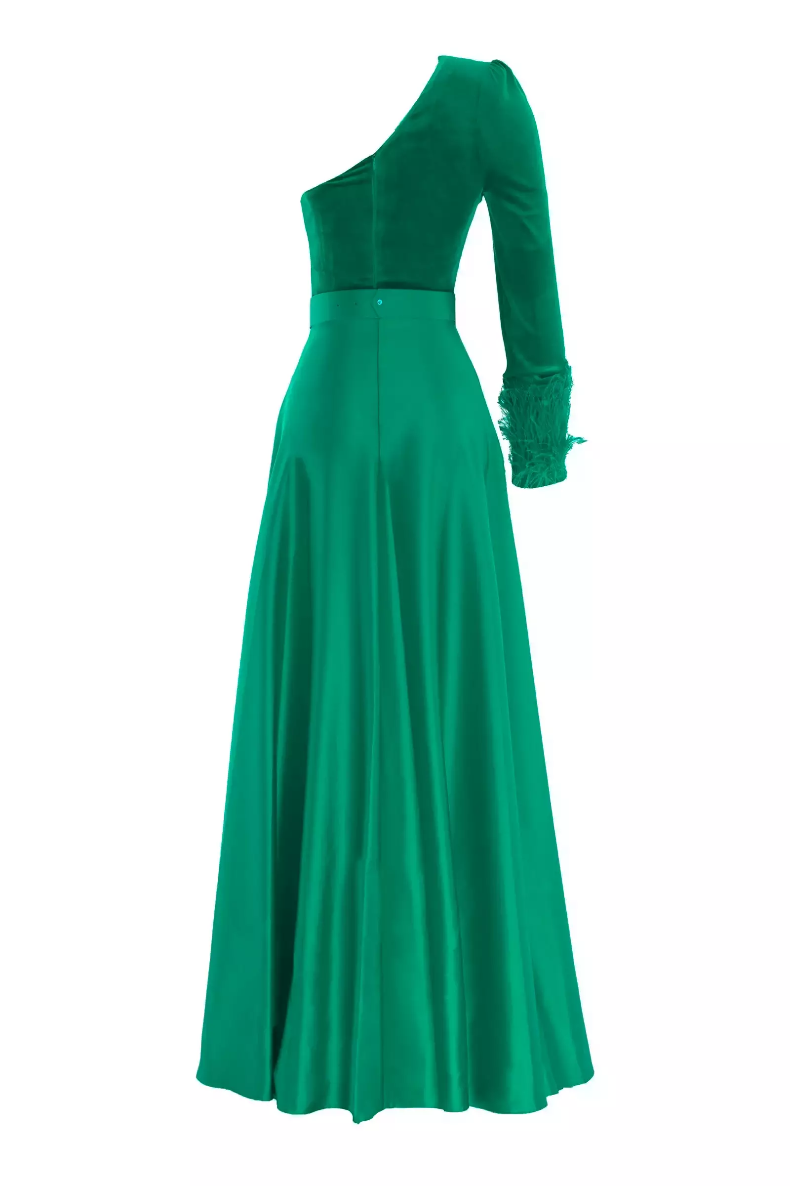Green velvet one arm maxi dress