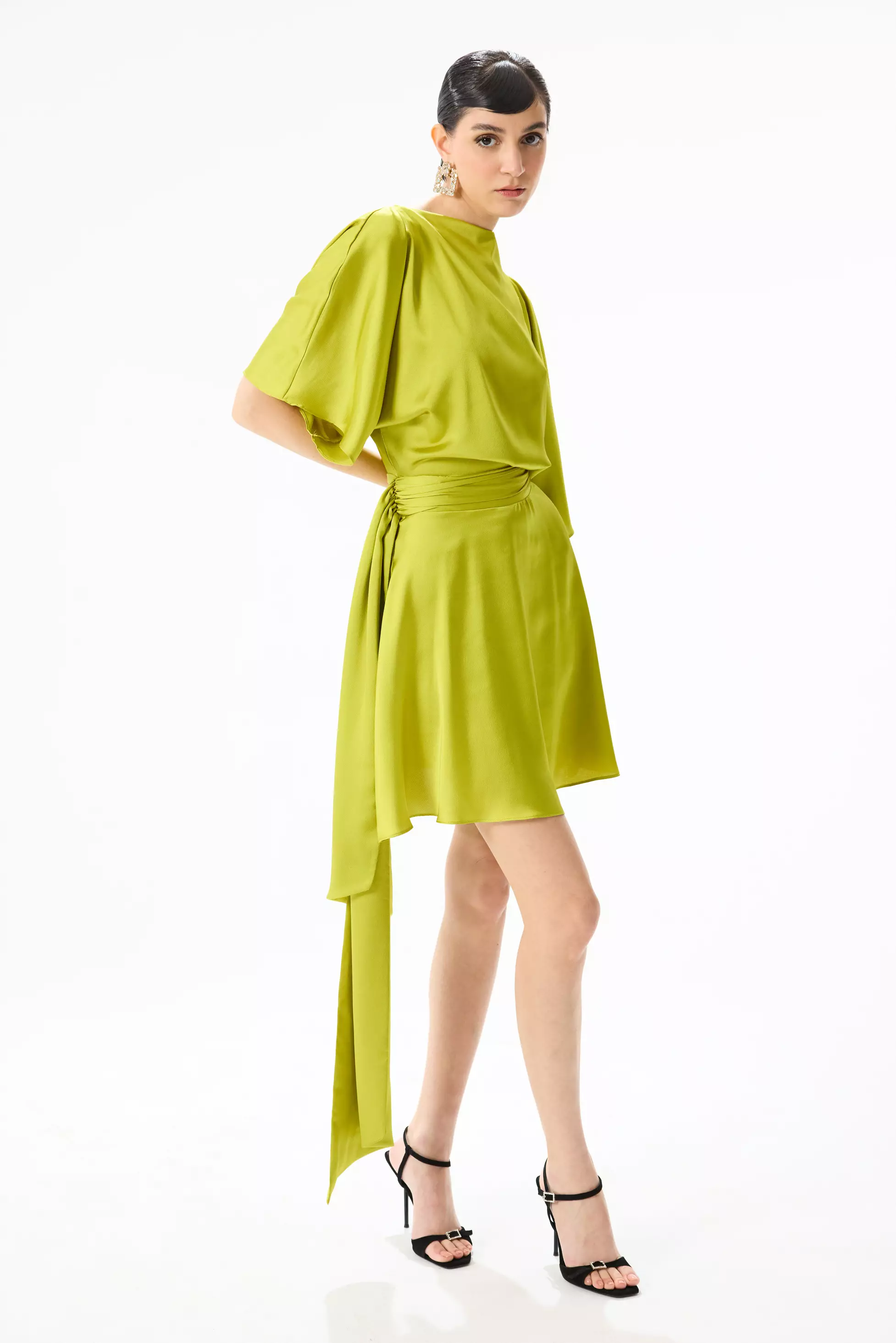 Pistachio green satin short sleeve mini dress
