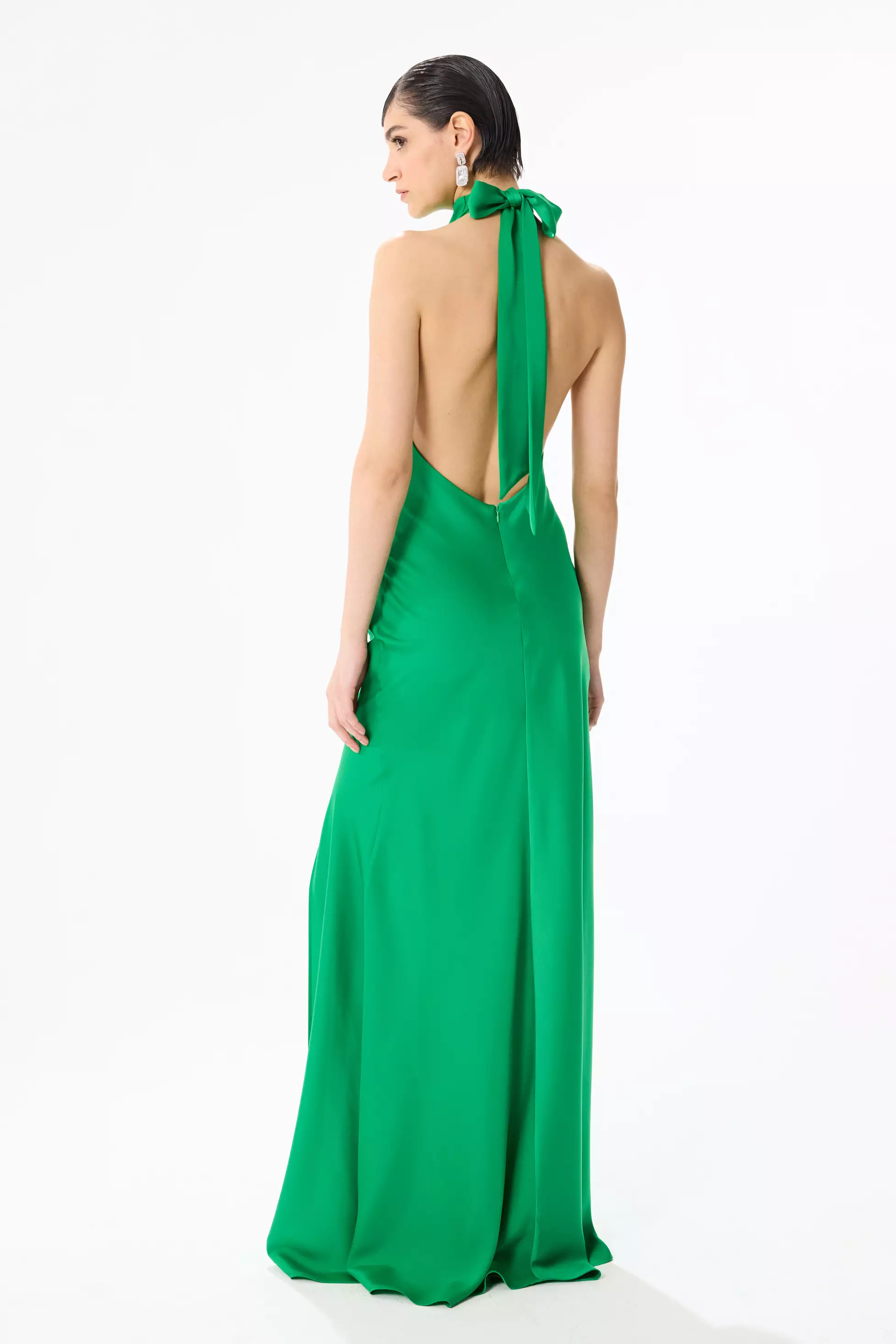 Green satin sleeveless long dress